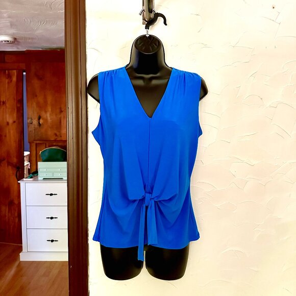 NWT Clara Sunwoo Brilliant Blue V-Neck Front Tie Sleeveless Soft Knit Top (Med) - Picture 1 of 8